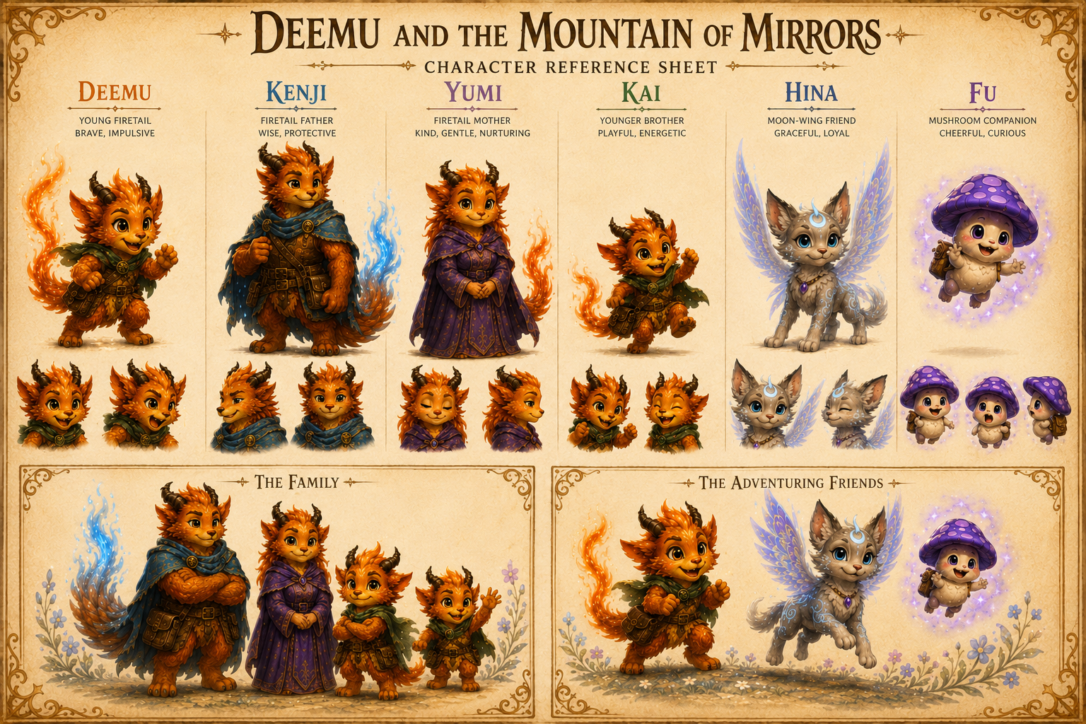 Deemu, Kenji, Yumi, Kai, Hina, and Fu character reference sheet